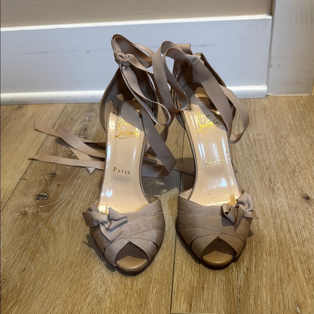 Christian Louboutin Tan Peep-Toe Heels with Ankle Straps